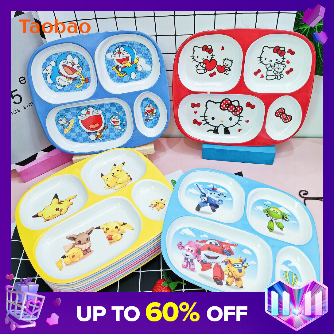 Children's Plate Cartoon Cute Baby Compartment Household Shatter-resistant Hello Kitty Plate Spoon Infant Food Supplement Learn to Eat