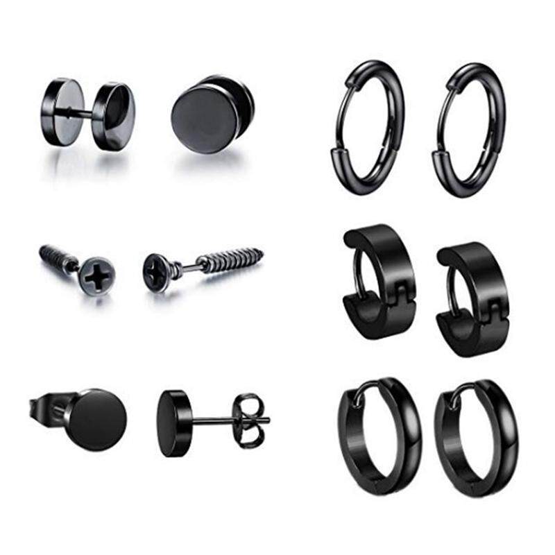BZY 6 Pairs/set Titanium Steel Stud Earrings for Men Piercing Black Dumbbell Stud Earring Set