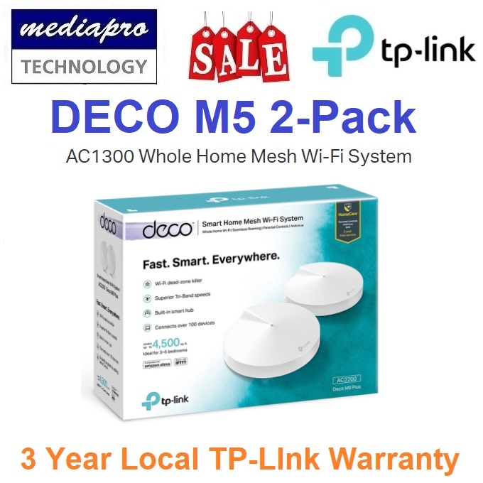 TP Link DECO M5 2-Pack WiFi MESH System ( Pack of 2 ) AC1300 Dual Band Gigabit MU-MIMO WiFi Mesh Router (Whole Home Mesh WiFi System) Works with all Telcos (Supports IPTV)- 3 Year Warranty by Local Ag