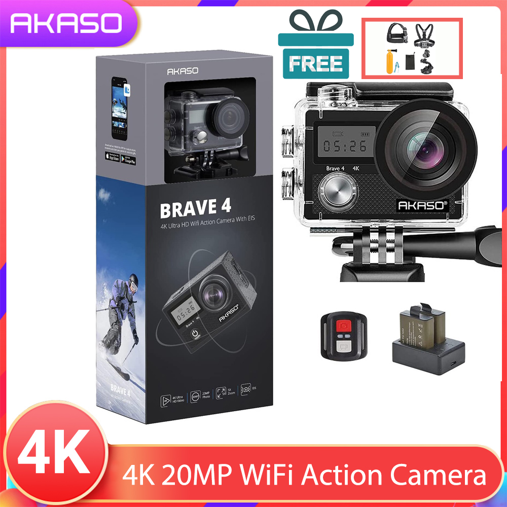 AKASO Brave 4 4K 20MP WiFi Action Camera Ultra HD with EIS 30m Underwater Waterproof Camera Remote Control 5X Zoom Underwater Camcorder with 2 Batteries and Helmet Accessories Kit