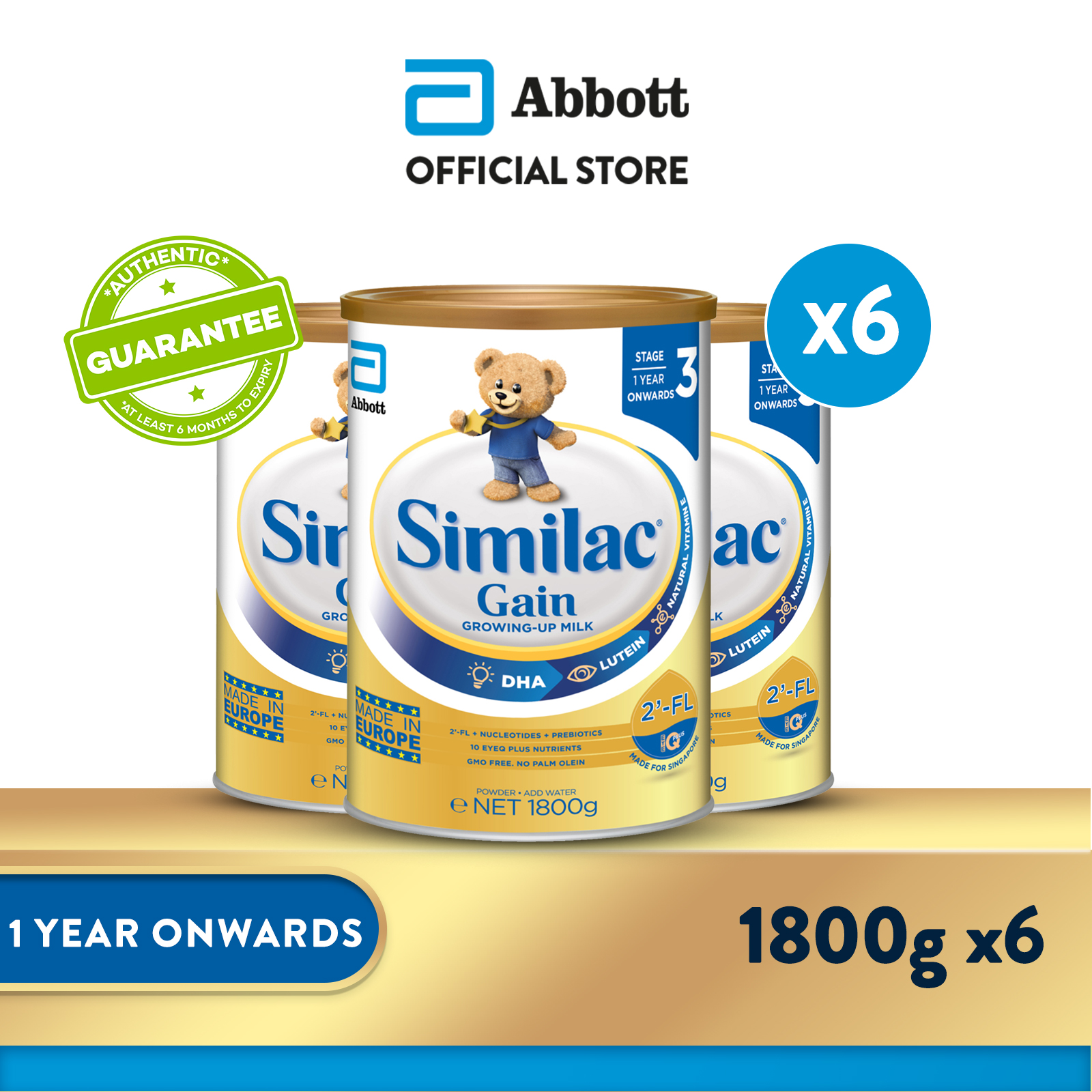 [Bundle of 6] Similac® Stage 3 Gain Growing-Up Baby Milk Powder Formula 2'-FL 1.8kg (1 year onwards)