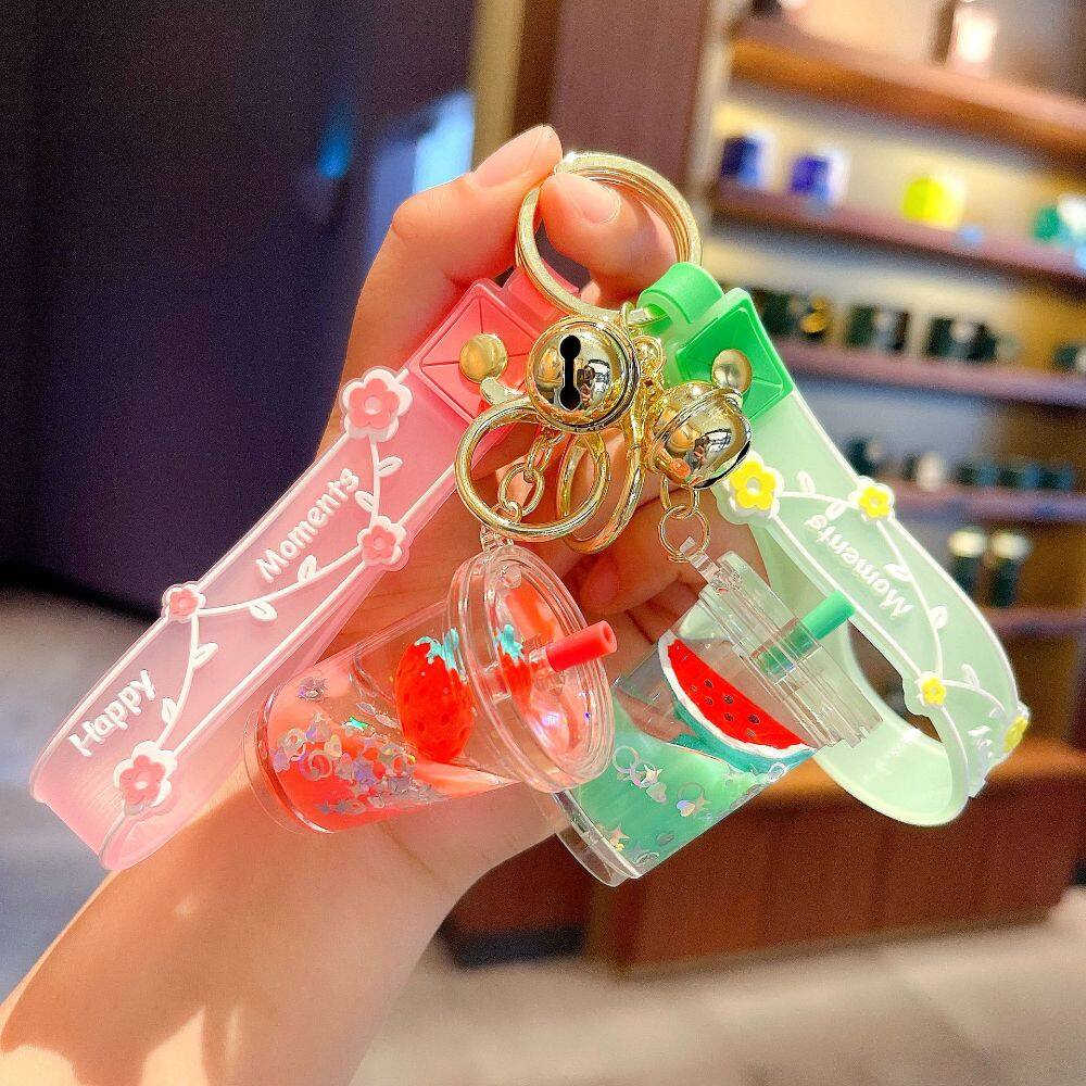 CHIHIRO Moving Creative Fashion Jewelry Car Key charms Exquisite Gifts Key Holder Bag Ornaments Quicksand Fruit Keychain Milk Tea Cup Pendant Wristlet Keychain