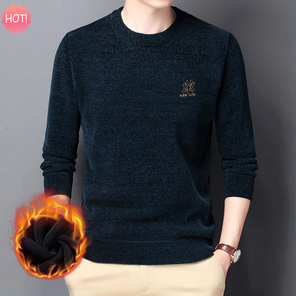LUX ANGNER Plush Chenille Thick Warm Sweater Men Autumn Winter Trendy Fleece Embroidered Pullover Sweaters Men Knitted Round Neck Pullovers