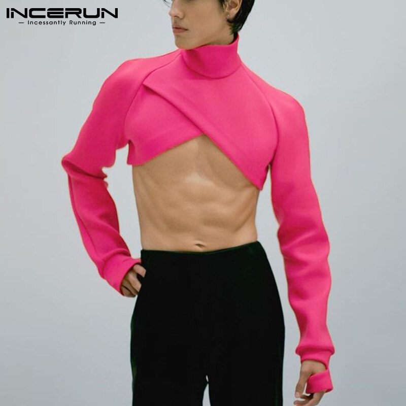 INCERUN Men Long Sleeve High Neck T Shirt Backless Crop Tops Clubwear Blouse Zipper (Western Style)