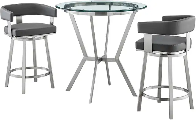 Naomi and Lorin 3-Piece Counter Height Dining Set in Brushed Stainless Steel and Grey Faux Leather