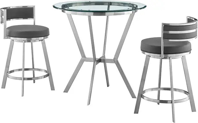 Naomi and Roman 3-Piece Counter Height Dining Set in Brushed Stainless Steel and Grey Faux Leather