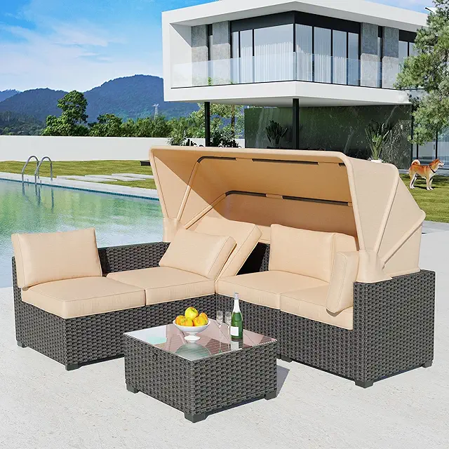 Patio Furniture Set - 6pcs Outdoor Rattan Wicker with Retractable Canopy, Weather-Resistant Materials, Soft Cushions