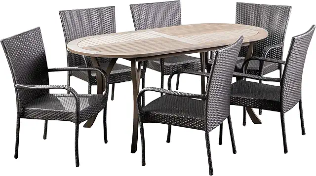 Ford Outdoor 7 Piece Wood and Wicker Dining Set, Finish and Gray